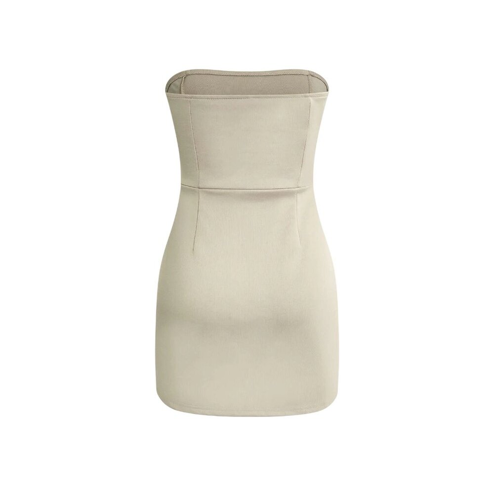 Micas Women's Size Medium Strapless Khaki Tan Mini Dress Polyester Blend NWT - Picture 3 of 7